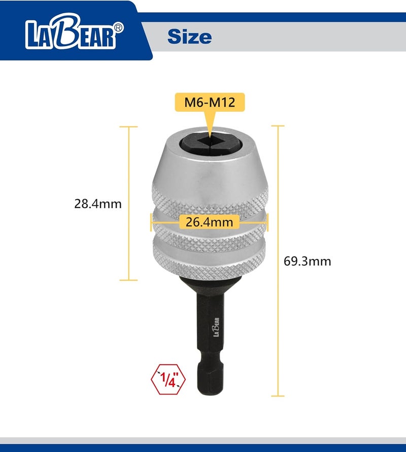 LABEAR Adjustable Tap Chuck M6–M12, Keyless Quick Change Tap Holder, 1/4" Hex Shank Tap Adapter for Drill Driver, Cr-V Steel Heavy Duty Threading Tool for Auto Repair & Metalworking - Image 1